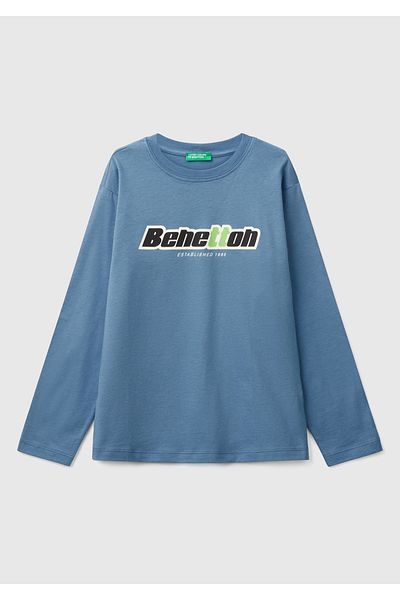 United Colors of Benetton Tricou cu mânecă lungă cu imprimeu cu logo-ul Benetton Aviator Blue pentru băiat