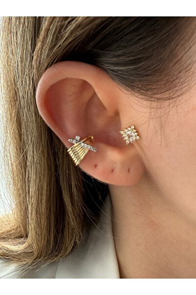 Pinery Jewels Zirkon Taşlı X Pirinç Üzeri Kaplama Kadın Kıkırdak Küpe