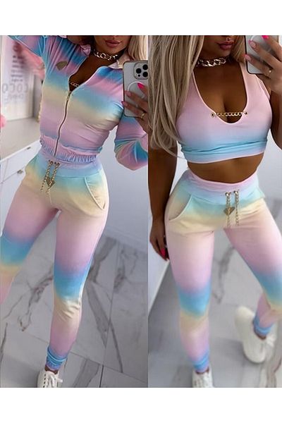 JANES Women's Long Sleeve Strappy Round Neck Crop Blouse, Long Sleeve Front Zipper Jacket and Pants