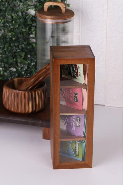Atby Acacia Wood Lid 5 Compartment Tea Box 26,5X9X9 cm Transparent Lid Tea and Coffee Organizer K