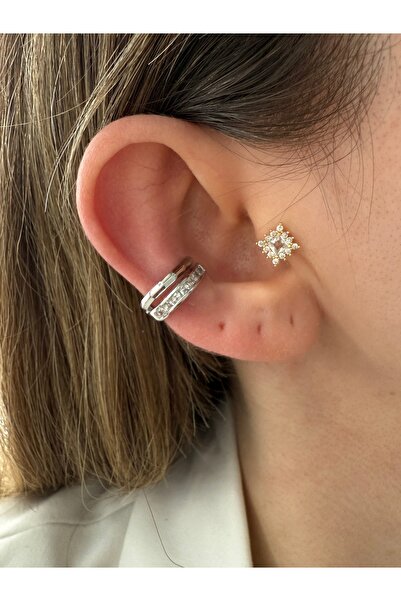 Pinery Jewels 2 Sıra Kare Zirkon Taşlı Pirinç Üzeri Kaplama Kadın Kıkırdak Küpe