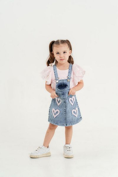 PAMPAL ÇOCUK Girl's Short Sleeve T-Shirt, Heart Jeans Slopet Dress