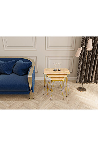 alpaevmobilya Zigon Sehpa 3'lü Kare Gold Tel Ayaklı