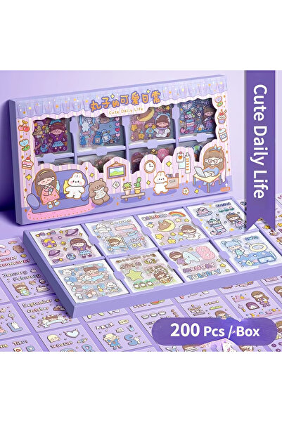 Hobidehobi Sticker Kawaii Hediye Kutusu 200 Yaprak-Mor(Cute Dally Life)