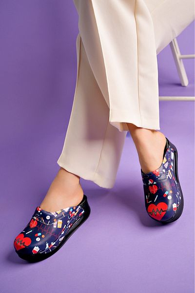 SABOTERLİK Heart Patterned Air Sole Wedge Heeled Orthopedic Hospital Nurse Women's Slippers