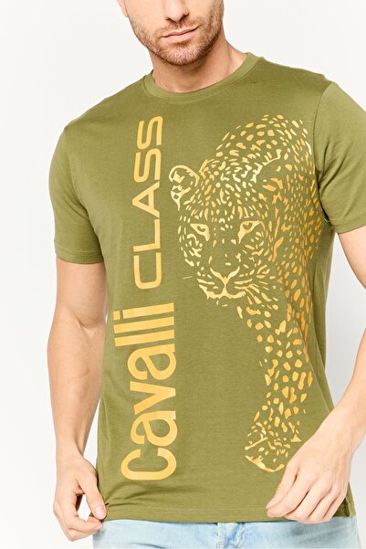 Cavalli Class Men Crew Neck Short Sleeve Graphic Print T-Shirt, Olive