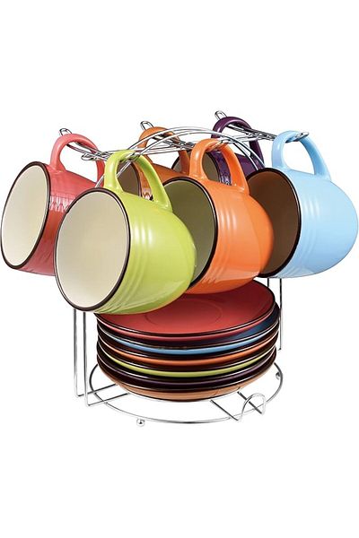 Millerhaus 13Pc Tea Set – 6 Tea Cups (220ML), 6 Saucers, 1 Chrome Stand, Stoneware, Multicolor