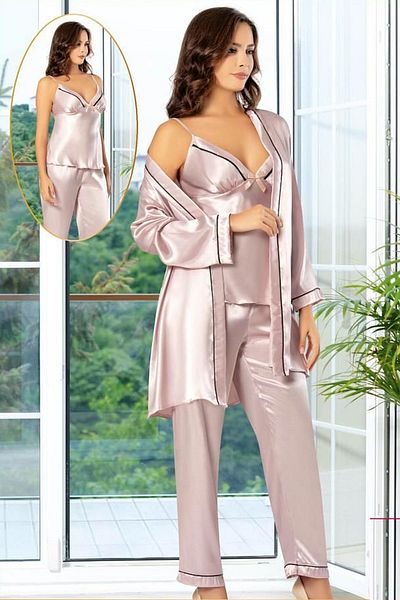 Xses 2101 Women's Satin Dressing Gown Pajama Suit-Powder