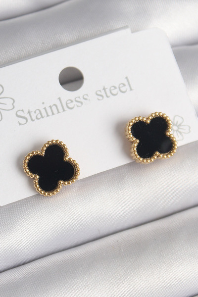 Bernami Special Steel Gold Color Black Clover Model Women's Earrings Offer!! !