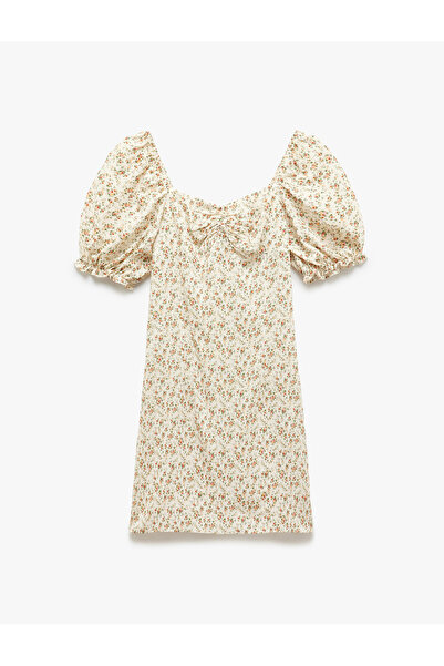 Koton Viscose Sweetheart Neckline Balloon Sleeves Drawstring Floral Mini Dress