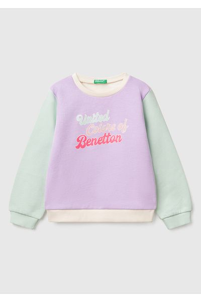 United Colors of Benetton Hanorac pentru fetiță, liliac, cu sclipici, cu sigla Benetton, cu decolteu