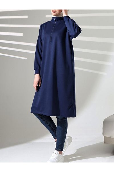 Modamorfo Half Zipper Slit Long Tunic - Navy