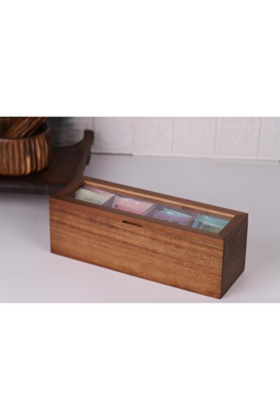 Atbyhome Atby Acacia Wood Lid 5 Compartment Tea Box 26,5X9X9 cm Transparent Lid Tea and Coffee Organizer K