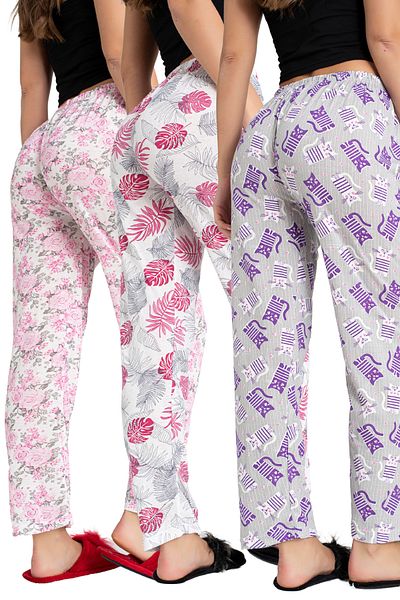 DONEX Cotton 3-Piece Fabric Ribbon Waist Detail Printed Pocketless Women's Pajamas