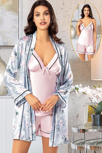 Xses 2156 Women Satin Empirme Dressing Shorts Suit-Pink