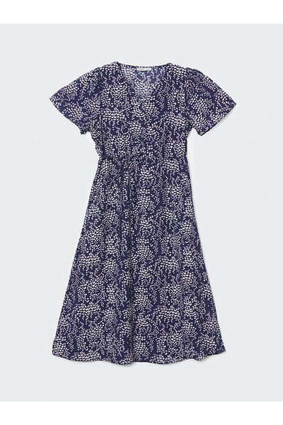 LC Waikiki Lcwaikiki Classic Navy Blue V-Neck Floral Women's Dress