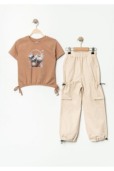 Pasur Bebe Girl's T-Shirt and Elastic Legs with Cargo Pocket Pants, Double Set