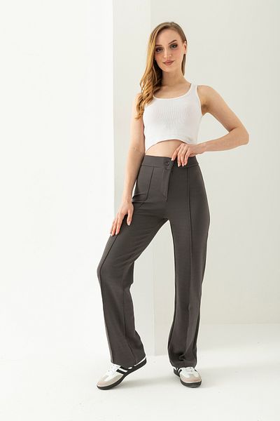 LEBRA Women's Dark Smoked High Waist Ribbed Stitched Lycra Knitted Trousers