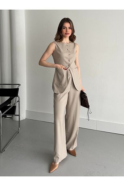 Laluvia Steinknopf-Weste-Hosen-Set -8484