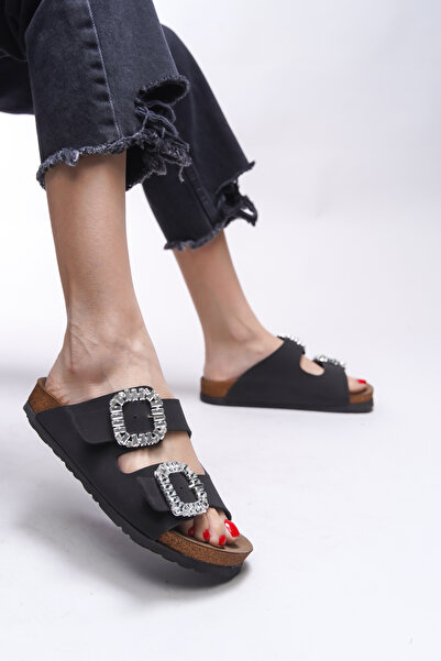 Riccon Mahcerys Women's Stone Double Buckle Slippers 0012555   Matte Black