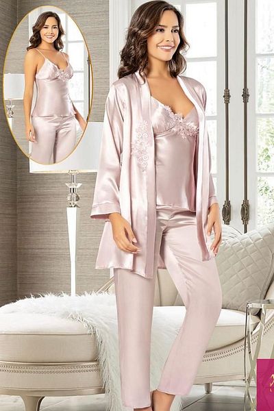 Xses 2103 Women's Satin Dressing Gown Pajama Suit-Powder