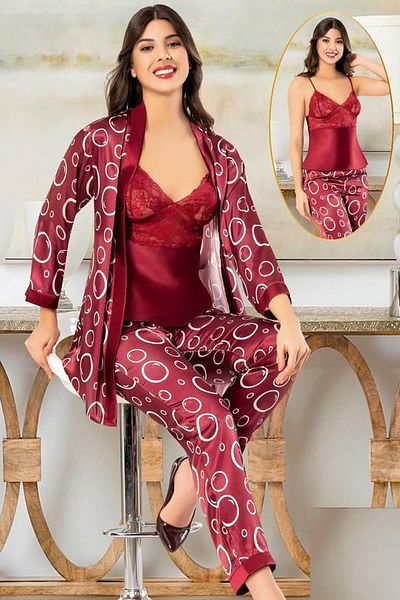 Xses 2152 Women's Satin Printed Dressing Gown Pajama Suit-Claret Red
