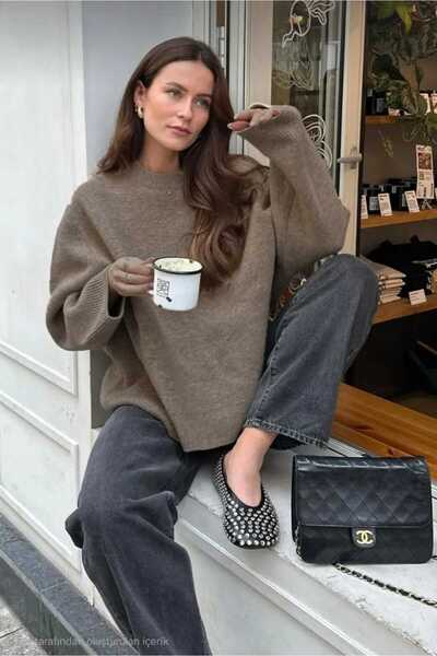 trikomode Vizon guler rotund supradimensionat Pulover tricotat cu textura moale pentru femei