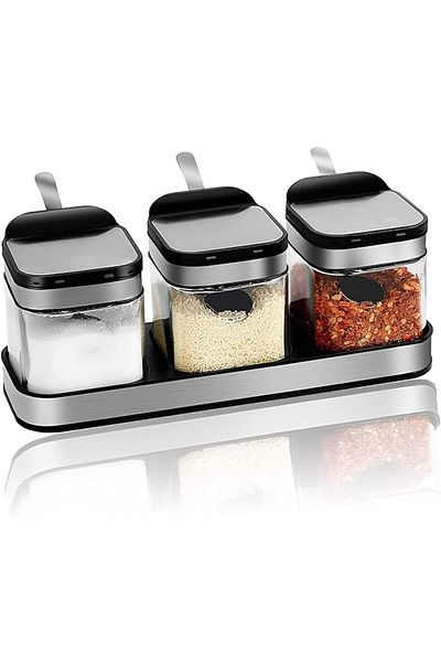 COOYA Seasoning Box,with 304 Stainless Steel Lids&Spoons, Clear Glass 10 oz Condiment Jar,for Kitchen
