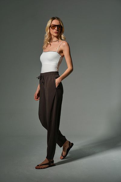 Domoda Women's Cupro Pants with High Waist, Non-Stick, Draped Soft Lace-Up Elastic Carrot # Tavira