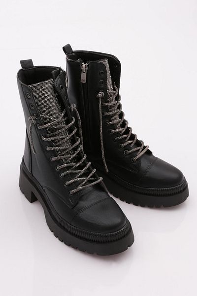 DGN Crystal Stone Black Boots - Women'S, Lace-Up Caviar