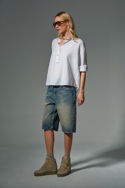 Maule Біла бавовняна сорочка з напівпаткою, брудним швом, коміром-стійкою, довгими рукавами, що складаються, для жінок #viana