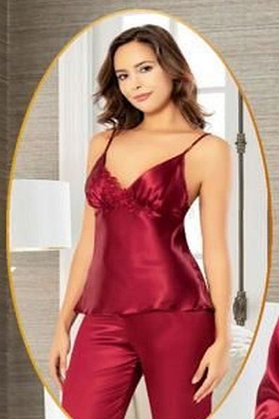 Xses 2103 Women's Satin Dressing Gown Pajama Suit-Claret Red