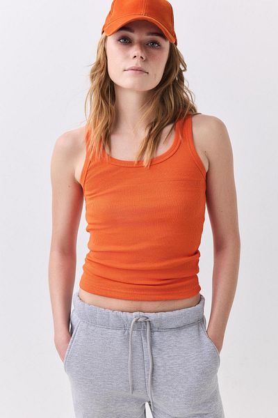 Trendiz Tricou pentru femei cu aspect cu nervuri cu bretele groase Portocaliu 9012