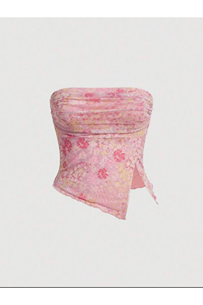 La Saade Y2k Coquette Çiçek Desenli Straplez Bluz