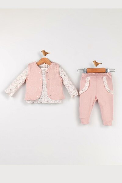 Cantoy Kız Bebek Çicek Desenli Yelekli 3'lü Takım