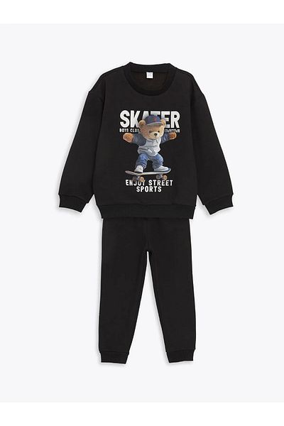 LC Waikiki Black Printed Sweatshirt and Sweatpants for Boy - Set of 2