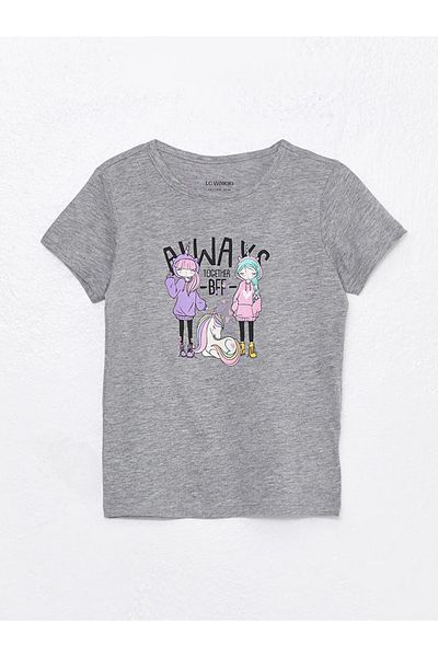 LC Waikiki Lcw Eco Gray Crew Neck Printed Short Sleeve Girl's T-Shirt