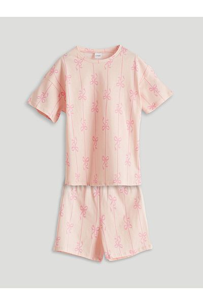 LC Waikiki Lcw Kids Pink Crew Neck Bow Printed Girls Shorts Pajama Set