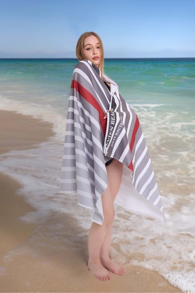 VEVİEN HOME Line Digital Printed 100X180 cm Beach Towel (Beach Bag + Cap Gift) Anthracite