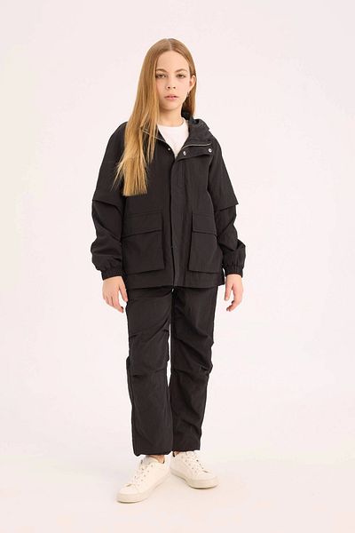 DeFacto D6934 Black Girl's Water Repellent Hooded Zippered Snap Closure Raincoat with Pockets