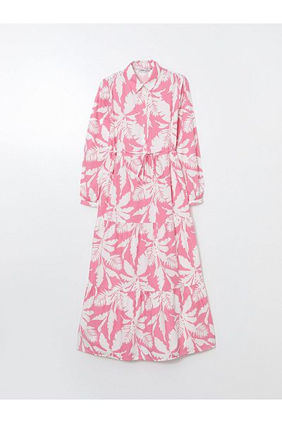 LC Waikiki Lcwaikiki Classic Pink Shirt Collar Print Poplin Women's Dress