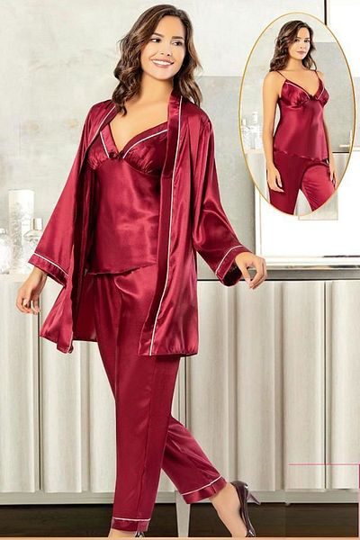 Xses 2101 Women's Satin Dressing Gown Pajama Suit-Claret Red