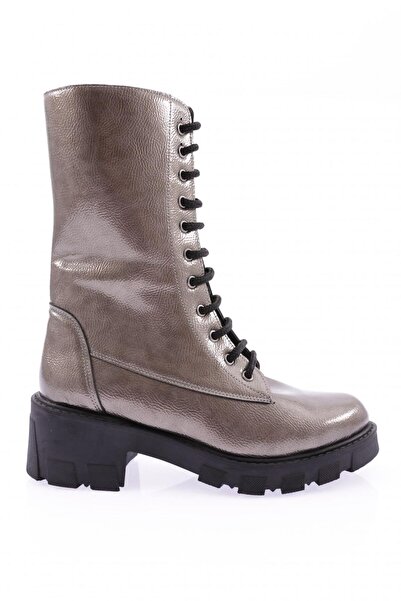 DGN Γυναικείες μπότες με κορδόνια με χοντρή σόλα με φερμουάρ Πλατινένιο λουστ...