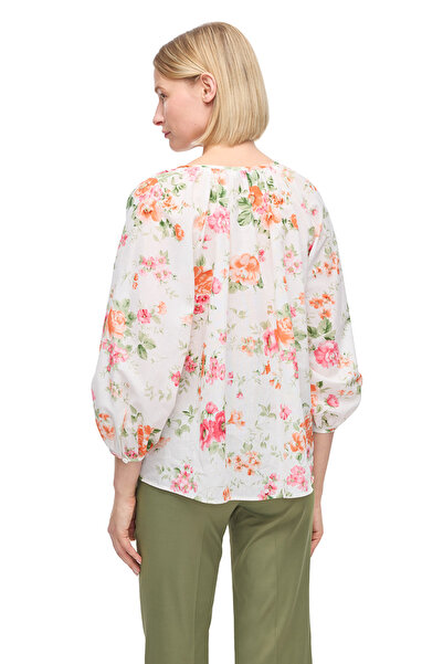 Perspective Ecru Clios Comfortable Fit Round Neck Floral Raglan Sleeve Blouse