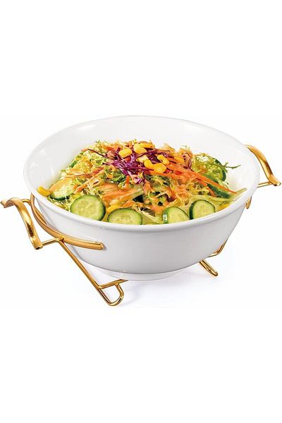 ORCHID 10.8“ Round Ceramic Serving Bowl With Gold Stand – Salad Bowl With Metal Rack (DTC7982G)