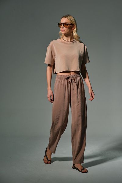 Domoda Beige High Waist, Non-Stick, Drape Soft Lace-Up Elastic Carrot Women's Cupro Pants # Tavira