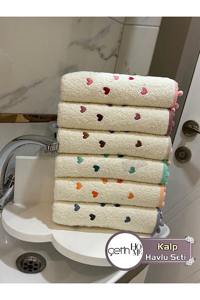 Çetinhome Σετ πετσετών 6 τεμαχίων Κεντημένη Καρδιά Πομπομ 50x90cm