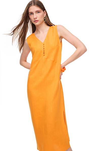 Perspective Orange Holas Regular Fit Plain Midi Length Dress