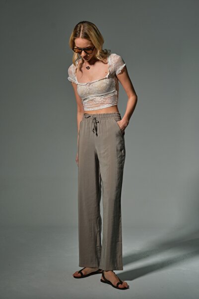 Domoda Vizon Yüksek Bel, Yapışmaz Dökümlü Kumaş Lastikli Palazzo Geniş Paça Kadın Cupro Pantolon #nazare