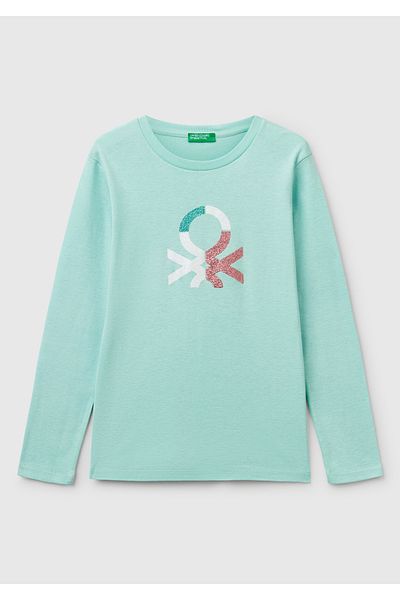 United Colors of Benetton Tricou pentru fetiță, verde apă, cu sclipici Benetton, imprimat cu logo